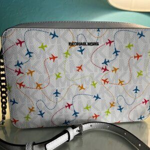 Michael Kors White Crossbody Bag with Multicolor Airplane Design
